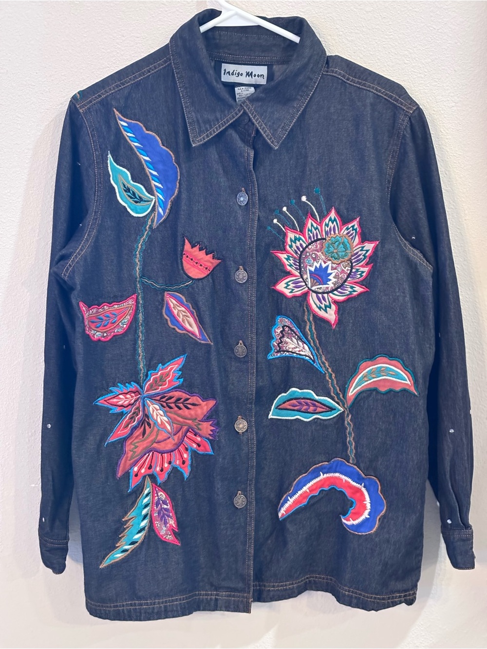 Indigo Moon Embroidered Floral Shirt, Black Denim, Women’s Medium, Vintage